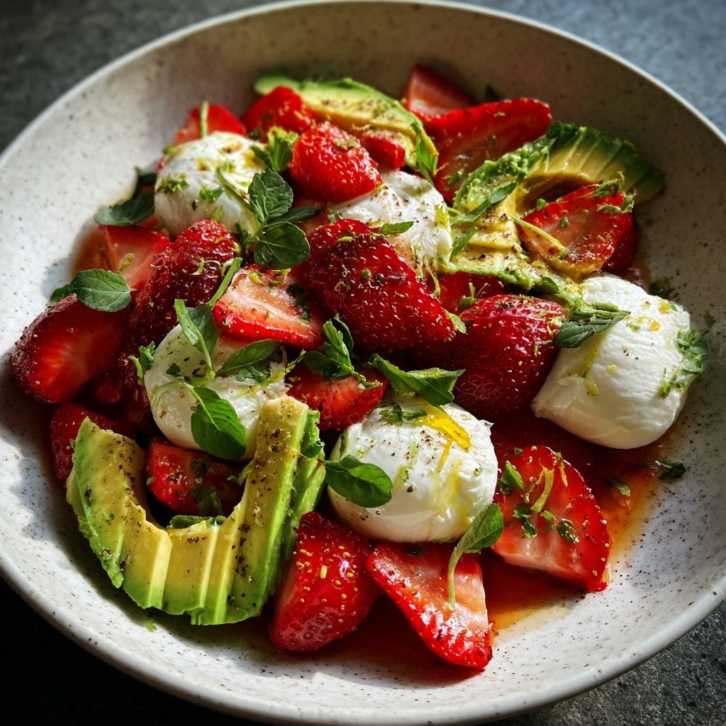 Salat mit Erdbeeren, Avocado und Burrata